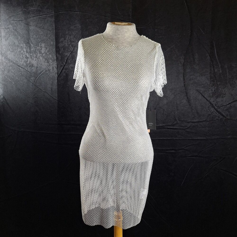 M IRIS White Stretch Mesh Jeweled Dress NWT Festival Layering Cover Up Sparkle